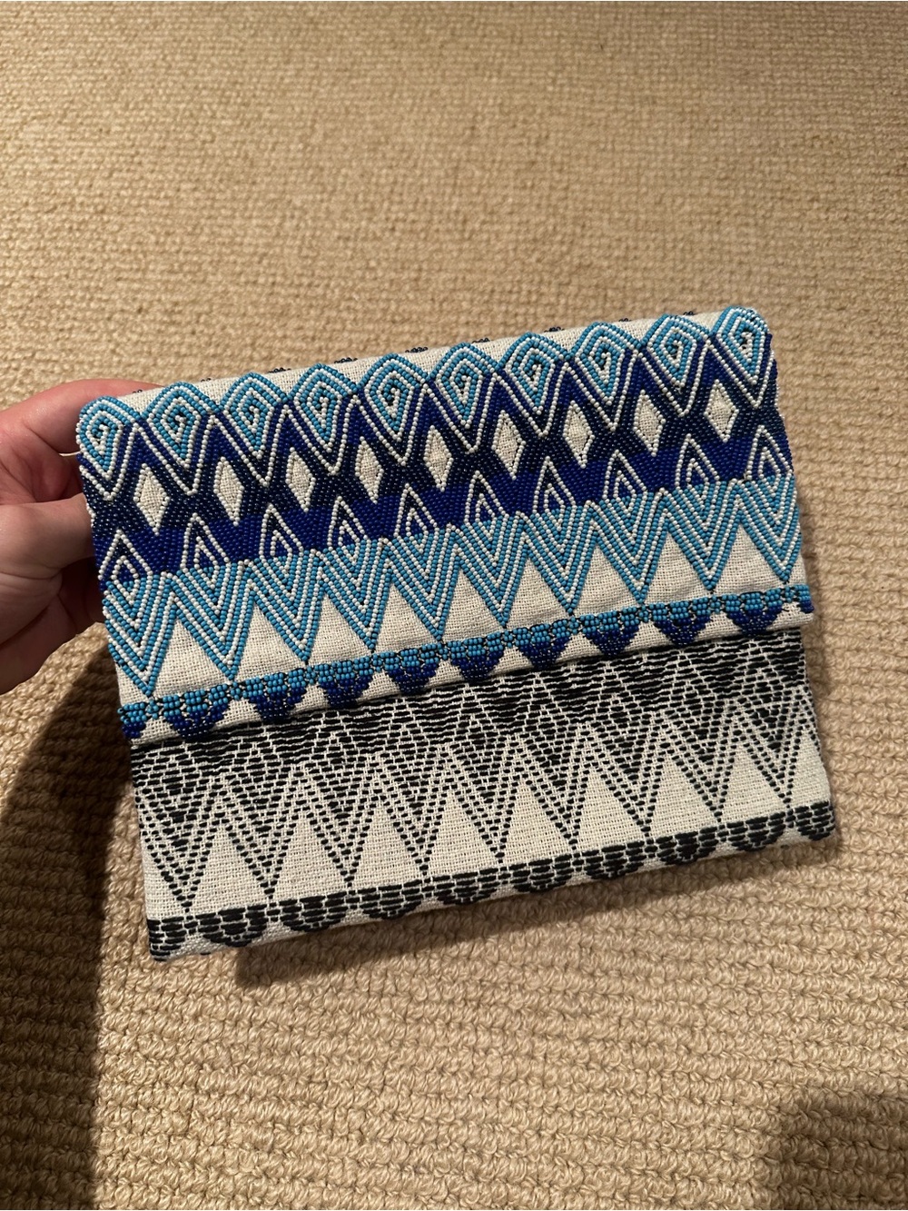 Roberta Roller Rabbit Beaded Blue, Navy & White Geometric Clutch